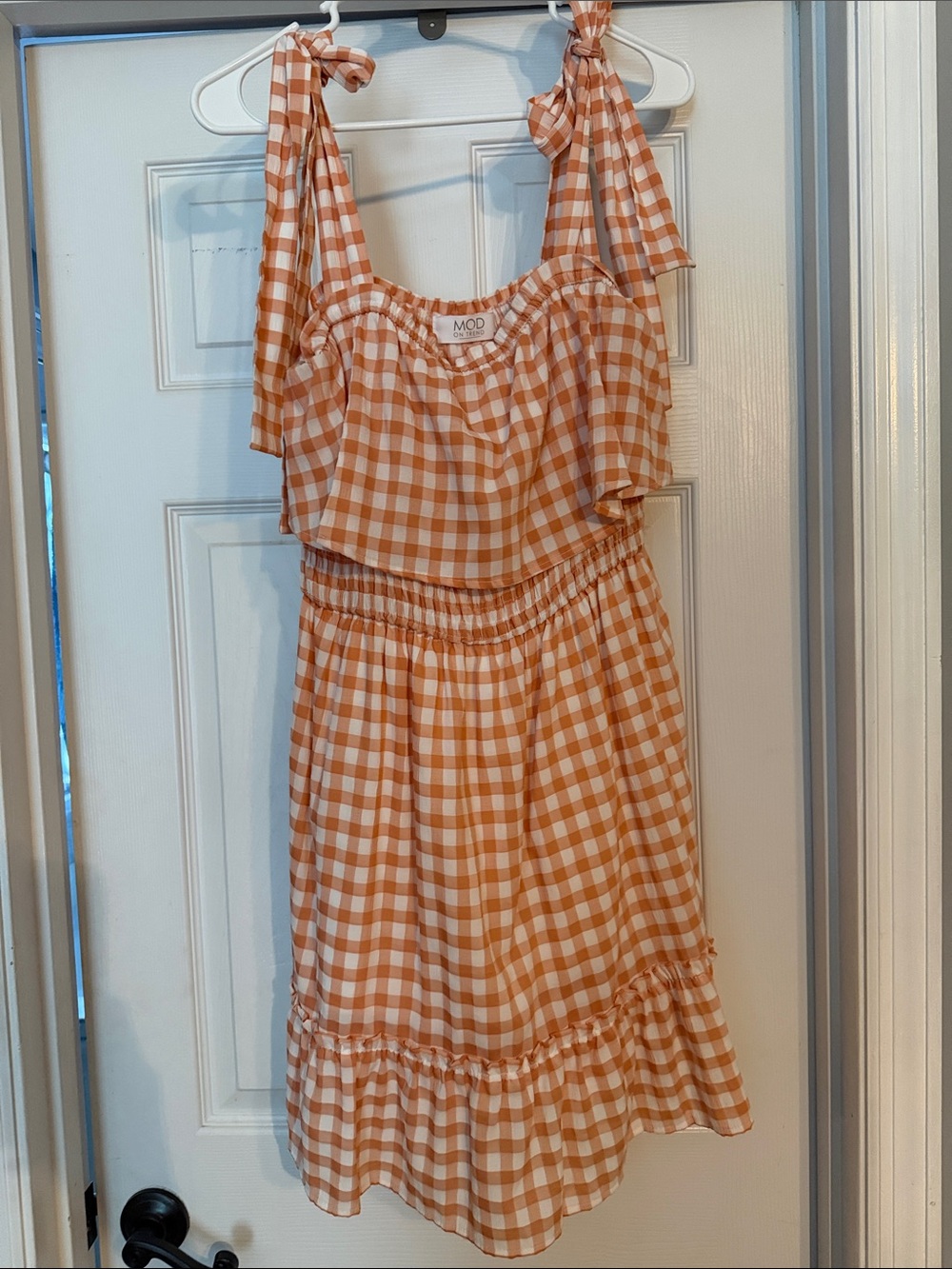 Peach/Orange Gingham Tie-Shoulder Dress